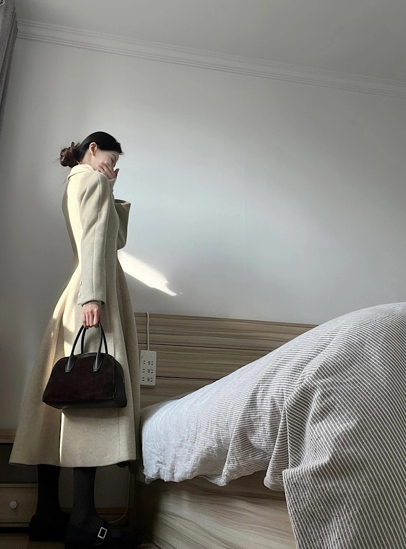 フレンチヘボン風ツイードコート冬の作気品高級感ウエストミディアムラシャコート