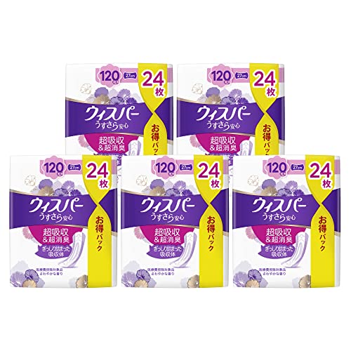 [まとめ買い]ウィスパー うすさら安心 120cc 27cm 120枚(24枚5パック) (女性用 吸水ケア 尿もれパッド)【多い時も安心用】