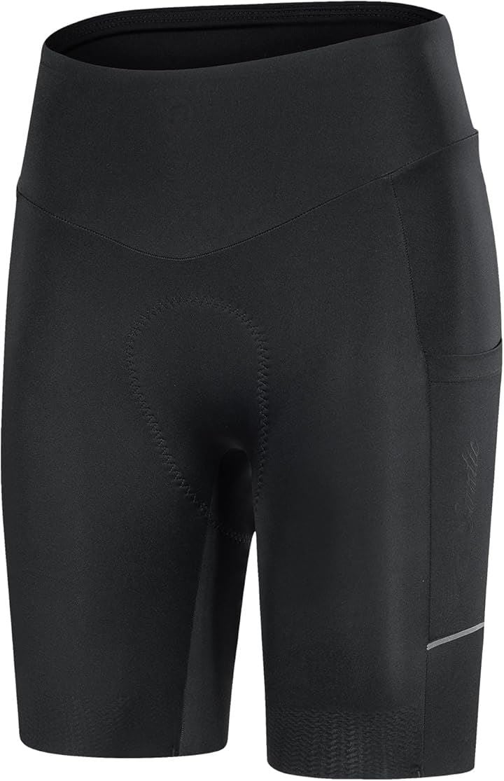 レディース サイクルパンツ サイクルショーツ ハイウエスト4Dパッド 高弾性 通気性 サイドポケット 滑り止め 反射ストライプ 自転車ロードバイクショーツ(ブラック, S)