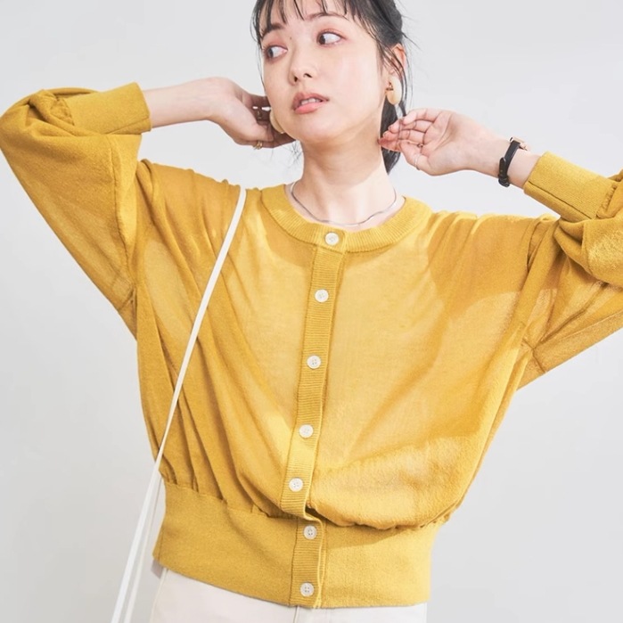 トップス カーディガン シアーシャツ 袖あり 長袖 ラウンドネック 襟なし リブ 前開き 透け感 薄手 大人可愛い きれいめ シンプル 大人 上品 おしゃれ レトロ 大人女子 こなれ感 ラブリー