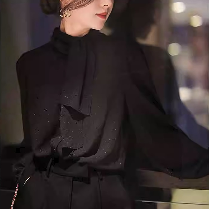 トップス ブラウス 袖あり 長袖 ハイネック 襟なし シフォン リボン 前開き 透け感 かわいい 大人可愛い きれいめ シンプル 大人 上品 おしゃれ お洒落 大人女子 エレガント フォーマル 無地