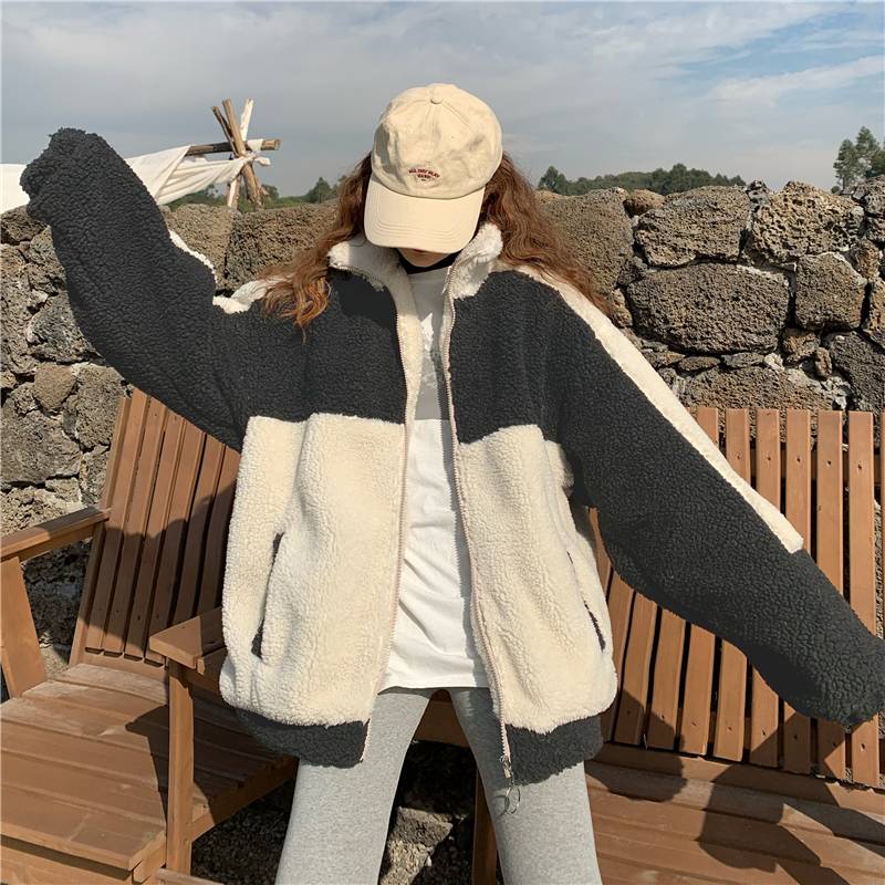 アウター レディース もこもこ ボア ジャケット オーバーサイズ ミディ丈 バイカラー 長袖 スタンドカラー 暖かい カジュアル こなれ感 スポーティ かっこいい グレー 灰色 M L XL 2XL