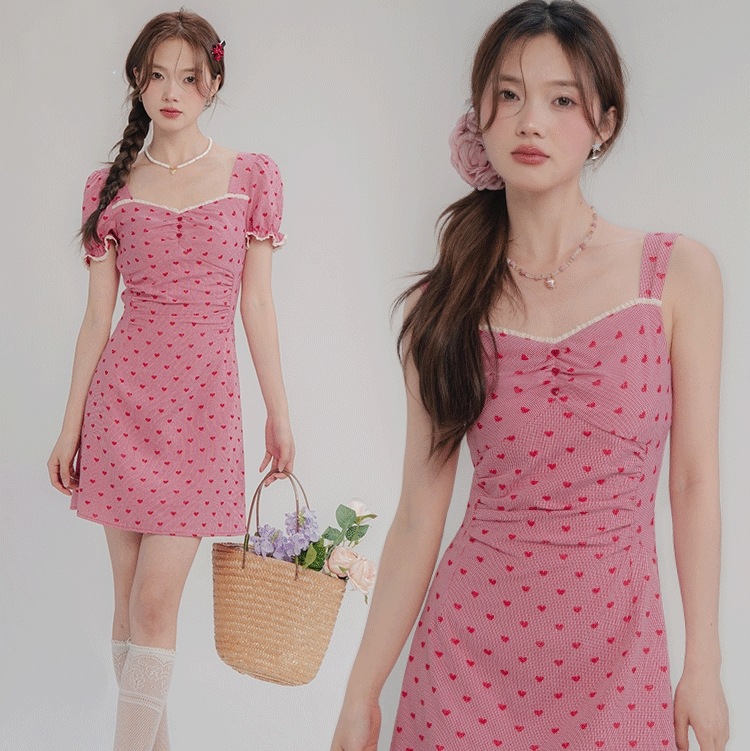 【即納】ピンクのハートリボンワンピース夏の細身胸元見せ/キャミソールワンピース/スカート/ワンピース 2024夏新作