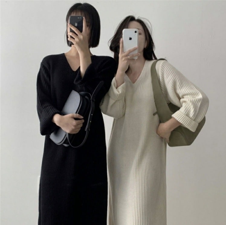 リブニットワンピース 長袖ニットセーター カジュアルニットワンピース Vネックニットワンピース スカート ワンピース ニットソー セーター プルオーバー オールインワン ロングスカート ニットスカート