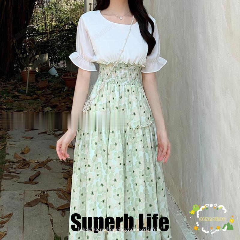 ワンピース レディース 春 夏 おしゃれ 可愛い ロング ワンピ 薄手 透け感 大人 フレア きれいめ 花柄 ドッキング 半袖 白