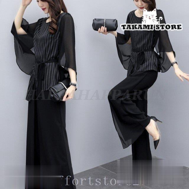 かっこいいパンツドレス袖ありセパレート黒パーティードレス結婚式お呼ばれドレス20代30代40代50代セットアップ大きいサイズウエストマーク