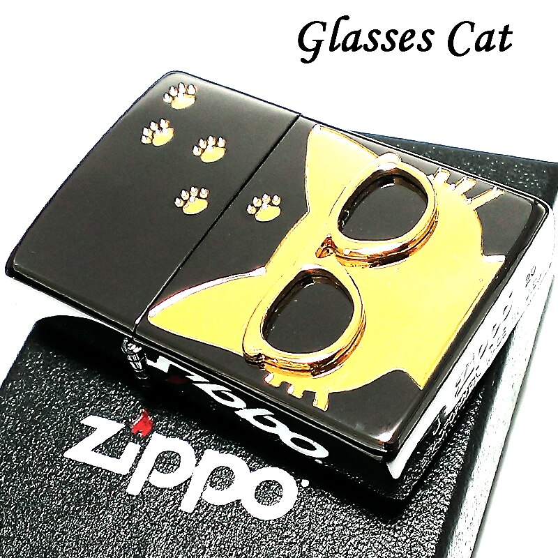 ZIPPO 猫 ライター サングラス 可愛い ジッポ ネコ ユニーク 足跡 ブラックニッケル キャット メタル貼り かわいい ねこ 金差し レディース メンズ 女性 プレゼント ギフト