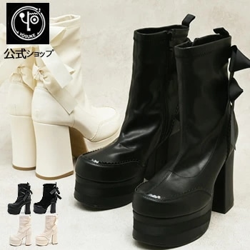 ヨースケ 厚底ブーツ 公式キズ補修液付 ダブルリボン ストレッチブーツ レディース ボアブーツ ミドル丈 10.5cmヒール