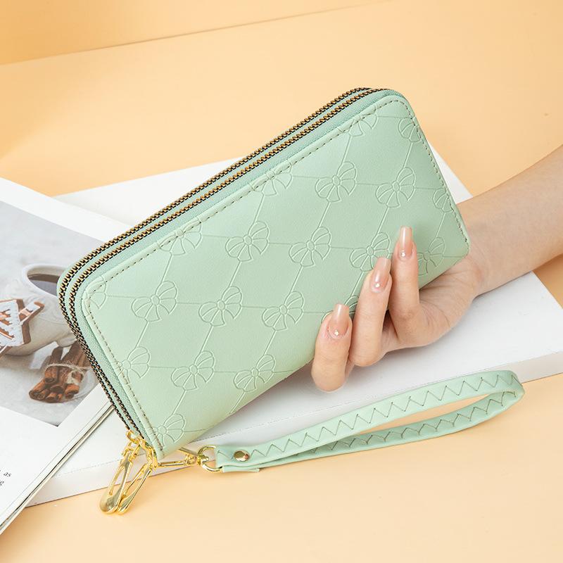 財布 レディース 長財布 シンプル 花柄 リボン 大容量 二重ジッパー スマホ収納 手持ち 普段使い PUレザー 軽量 緑 ピンク 黒