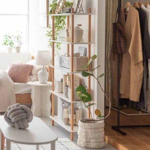 ラック 棚 収納 5段 木製 脚 支柱 飾り棚 オープンラック 韓国 おしゃれ 北欧 ナチュラル カフェ シンプル 使いやすい 高さ調節 変更 調節 幅80cm 白 ホワイト