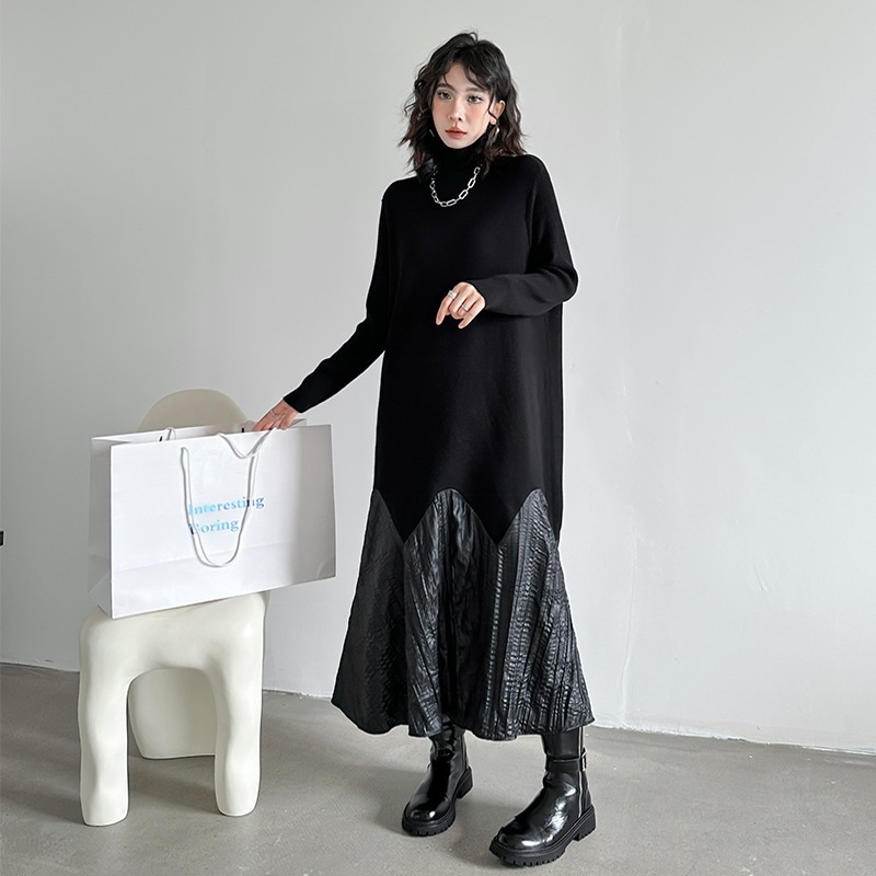 秋冬 新作 おしゃれ 切り替え ニットワンピース 高級感 気質 ワンピース ロングワンピース ゆったり タートルネック