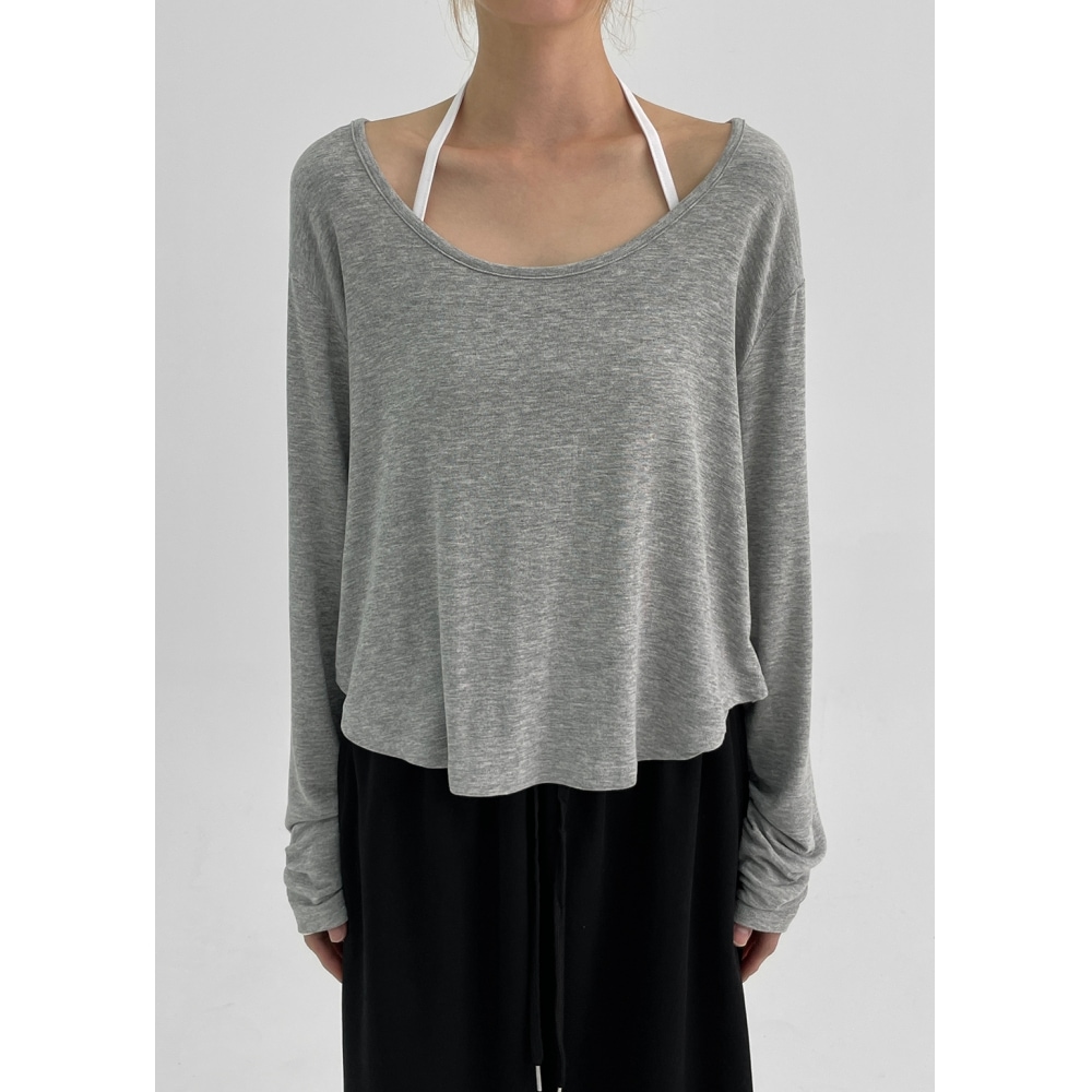 ブラックアップエステルセミクロップラウンディングロングスリーブ T シャツ