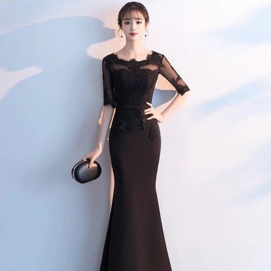 パーティードレス レディース 演奏会ドレス マーメイド 半袖 ラウンドネック ロング マキシ スリム タイト フィッシュテール エレガント 2color 披露宴 謝恩会 イブニングドレス 結婚式
