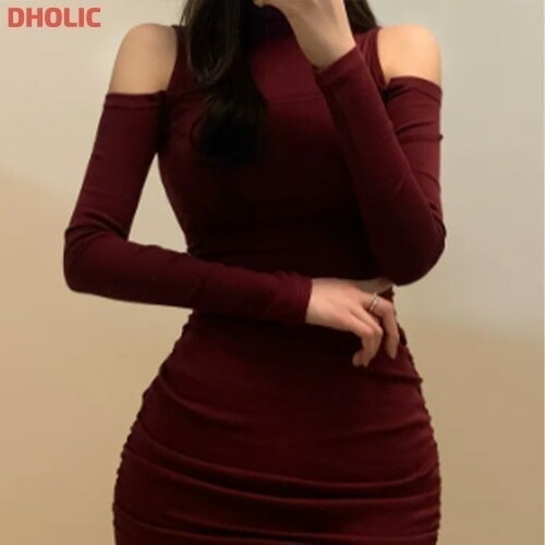 ハーフネックオープンショルダードロストミニワンピース