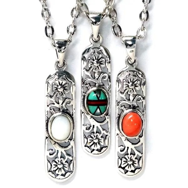 インディアンジュエリー ペンダント ネックレス フラワー 花 ツタ プレート 天然石 ターコイズ オニキス レッドコーラル ホワイトシェル メンズ レディース シルバー925マルチカラー/ピンク/白