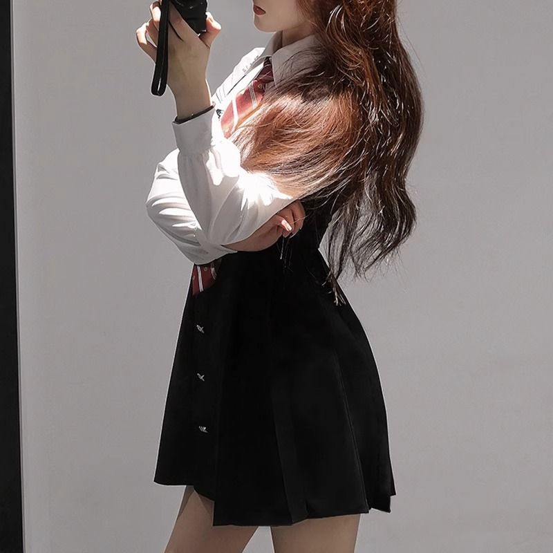 JKフェイク2ピースカレッジスタイルスリム薄いワンピース女子学生ロング半袖シャツ新しいスーツ 制服 制服スカート 制服 カーディガン 韓国制服