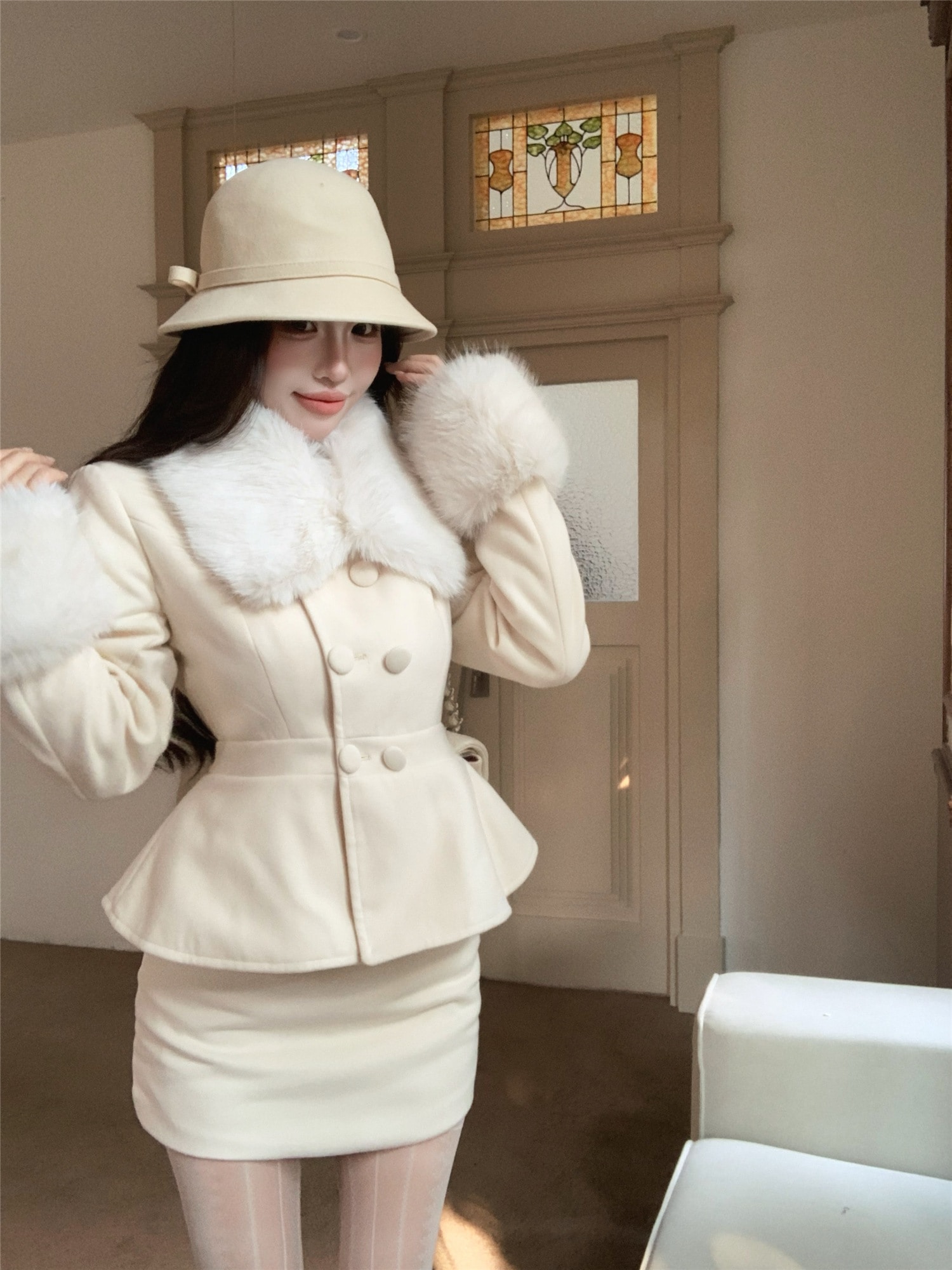 秋冬防寒 2点セットあったかアウター大人っぽ 韓国風コート かわいい ブルゾンファー付きファッション系裹起毛ゆったりカジュアルストリートサイズレディースムートン襟エコ シルエット学生コーデ丈フレンチ