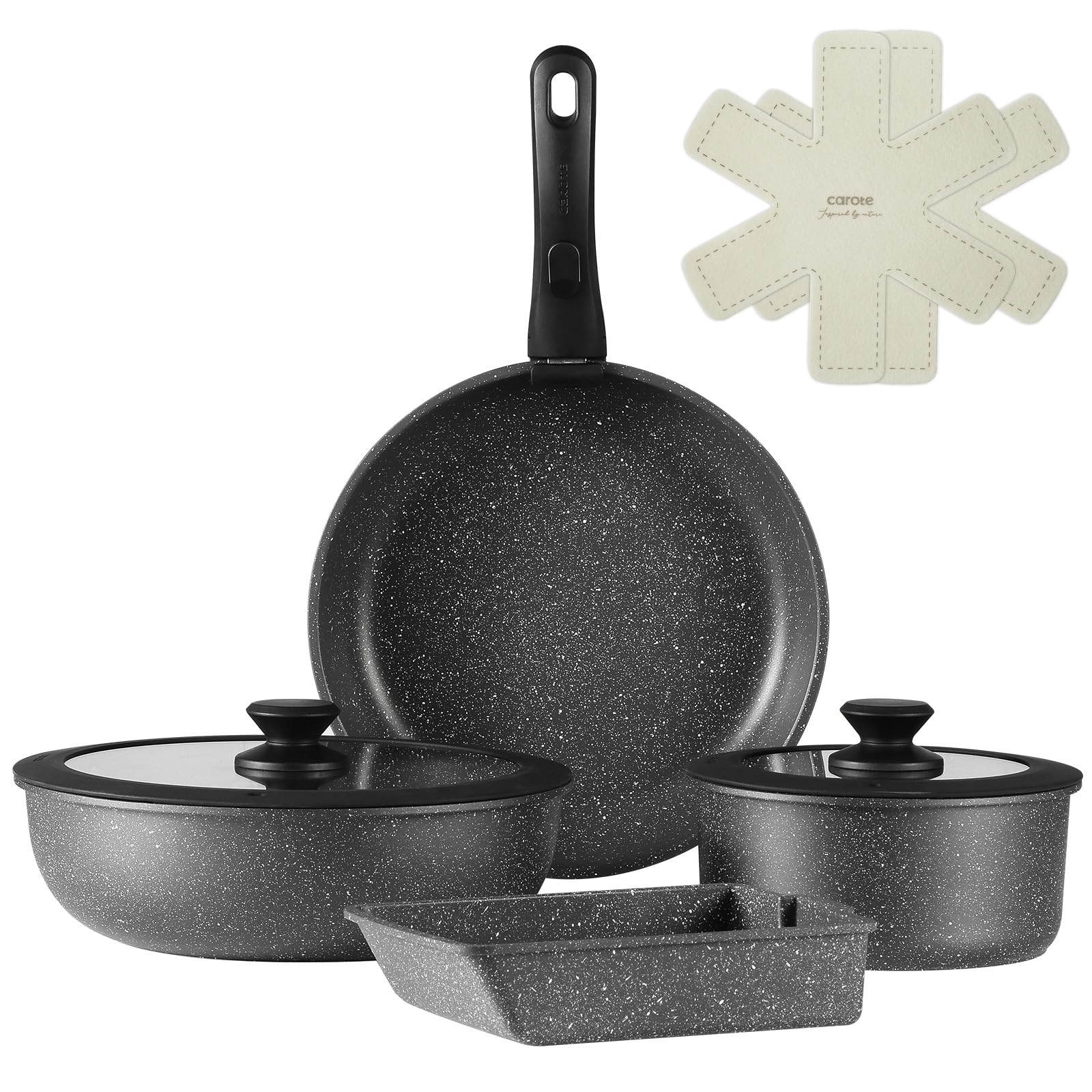 CAROTE カローテ フライパン セット 9点 IH·ガス火対応 PFOA PFOS フリー 鍋セット 取っ手のとれる 卵焼き器 マーブルコート スルスルすべる くっつきにくい お手入れが簡単
