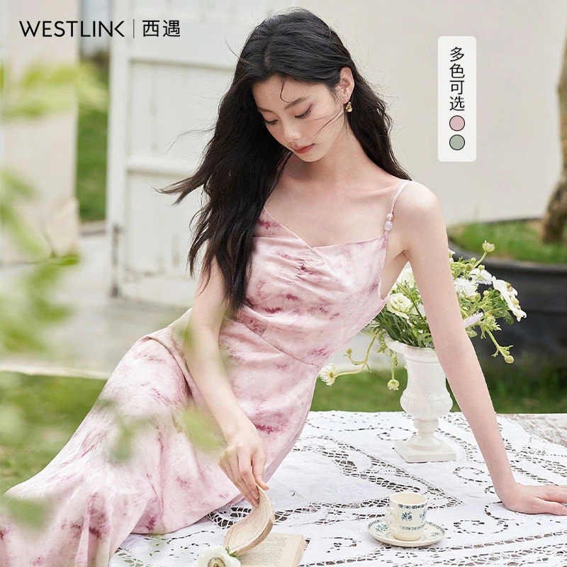 【急速出荷!】手染め ニューチャイナワンピース 2025春夏 サテンジャカード グラデーション Aライン ウエストシェイプ ストラップワンピース ワンピース ワンピース レディース ロングワンピース