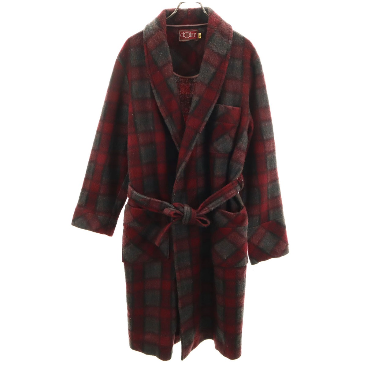 dolar 70s 80s スペイン製 ヴィンテージ チェック柄 ガウンコート M ボルドー メンズ 古着