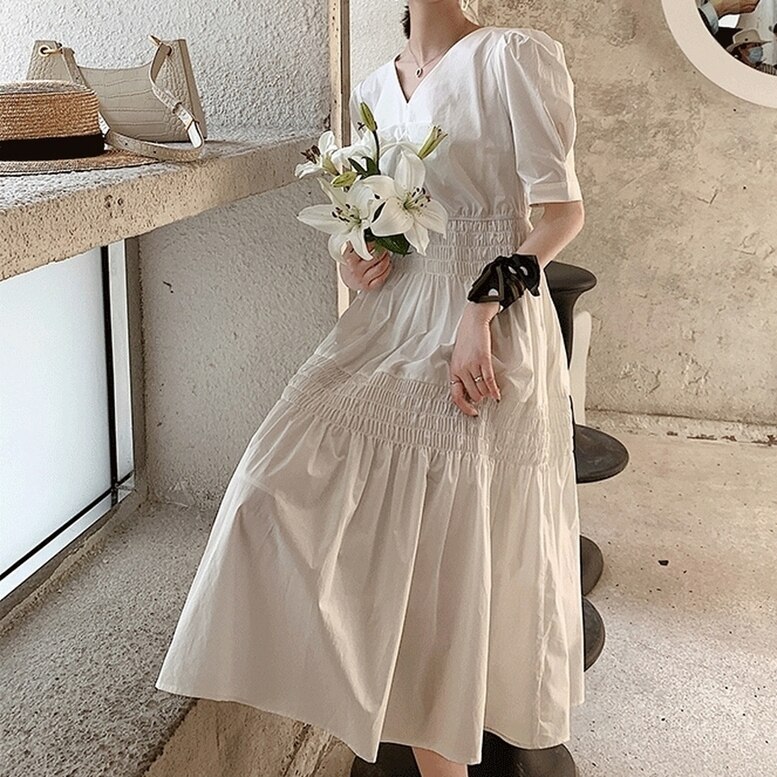 2color シャーリング ティアード ワンピース Vネック タック ワンピース ワンピース ワンピ