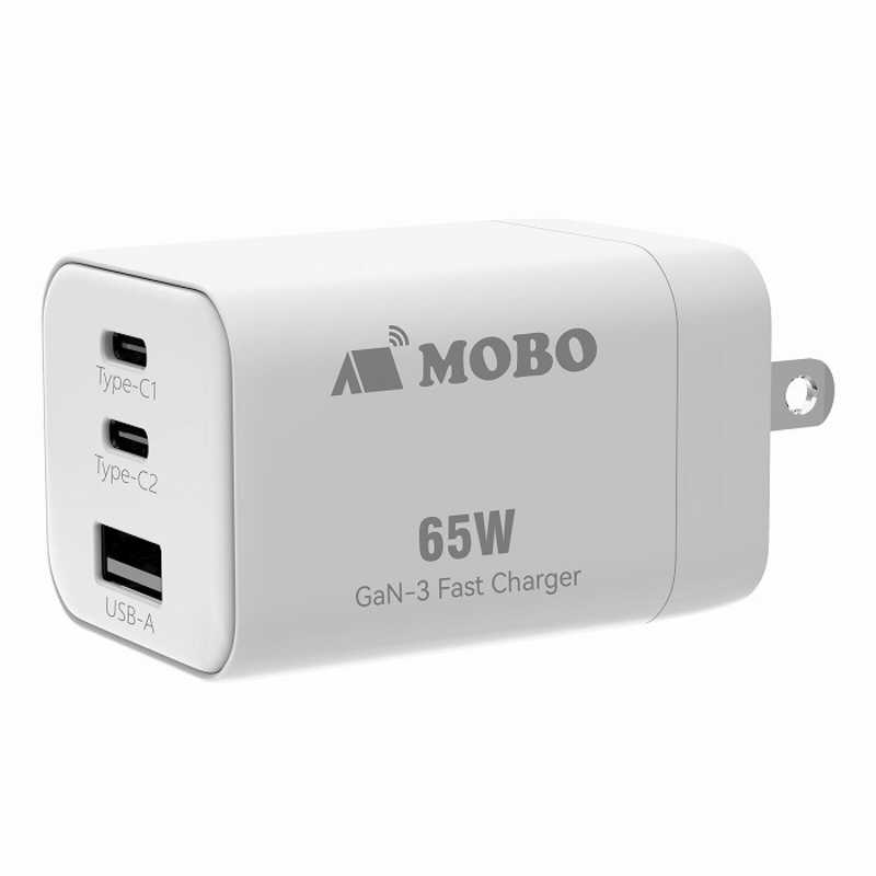 MOBO　折りたたみ式プラグ搭載 コンパクトAC充電器 65W ［3ポート / USB Power Delivery対応 / GaN(窒化ガリウム) 採用］ ホワイト　AM-PDMGAN65W-WH 5,206円