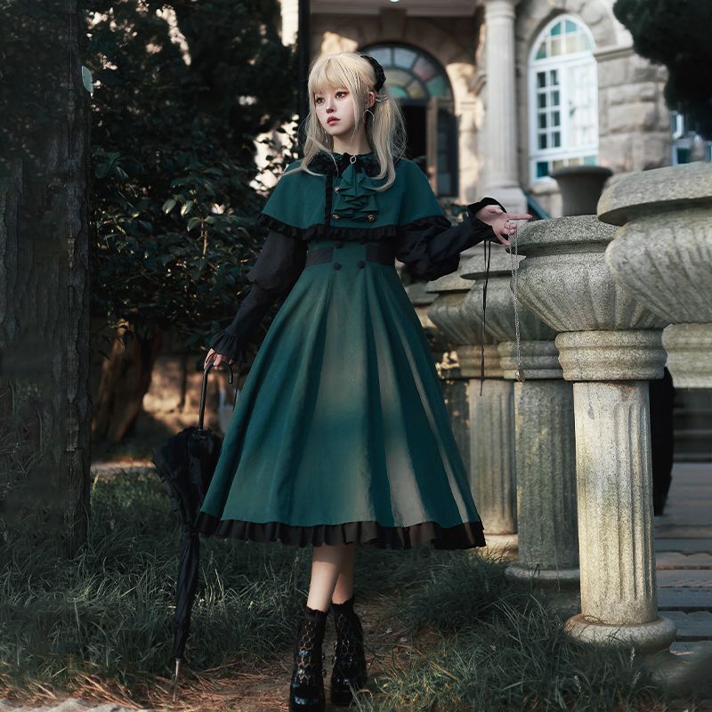 【6362人コレクション】withpujiオリジナルデザインcla黒緑衝突色opマント2点セットlolita春