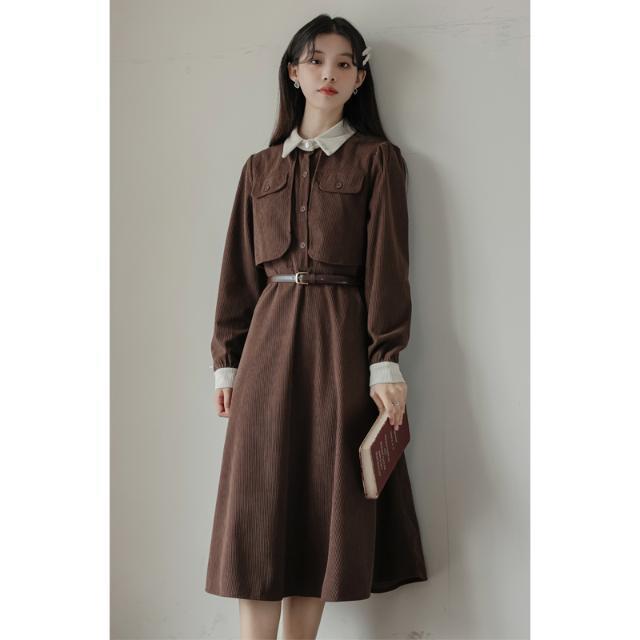 フランスのレトロな気質は腰を収めてやせているpolo襟長袖ワンピースの新型女装ファッション洋風スカート