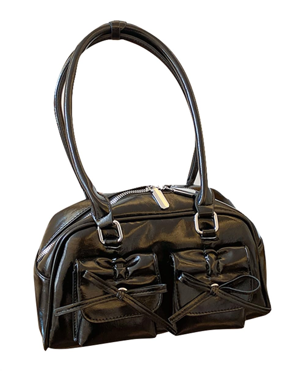 [ＫＳＬＡＴ] リボン付き 大容量 バッグ ファッション ショルダーバッグ ハンドバッグ 手持ちバッグ ダブルポケット PUレザー 脇の下バッグ 肩掛けバッグ ソリッドカラー 旅行 Y2k スクールバ