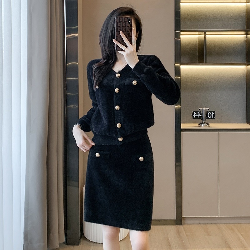 秋/冬/ニットセットアップ韓国ファッション人気ツーピースセット/トップス+スカート-830