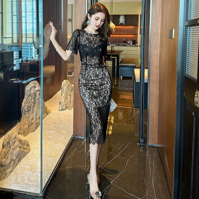 レース ワンピ レイヤード 偽2セット 夏 ドレス パーティー 着痩せ 大人 お呼ばれ