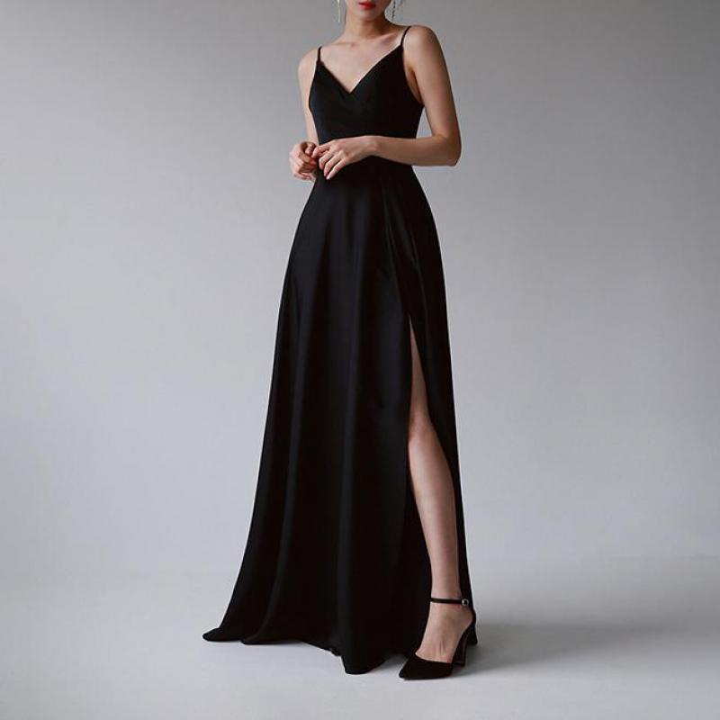 ブラックライトウェディングドレスサスペンダーサテンスリットニッチデザインホストパフォーマンス衣類宴会ヘボンスタイルイブニングドレス女性用