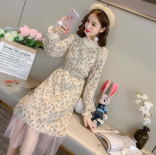 1261．小花柄ハイネックチュールワンピース（イエロー）