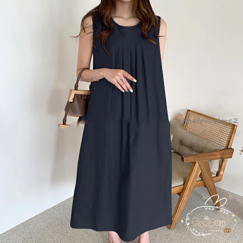ワンピース レディース ノースリーブ ロング マキシ カジュアル 無地 シンプル スカート マキシワンピース 綿麻 体型カバー 大人