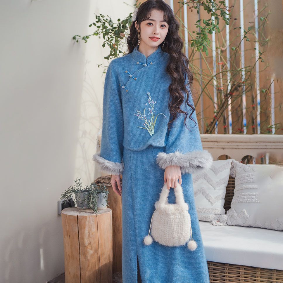 韓国ファッション 二点セット 秋と冬の女性のための新しい中国風の修正されたハンフースーツ新しい中国語スタイルブルーハイウエストスカート2ピースセット