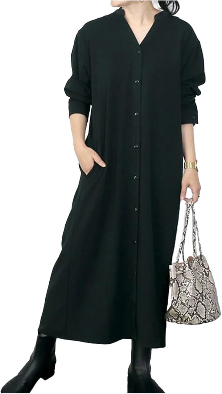 ゆったりロングワンピース シャツワンピ レディース 秋冬 長袖 きれいめ ウエストリボン( ブラック, L)