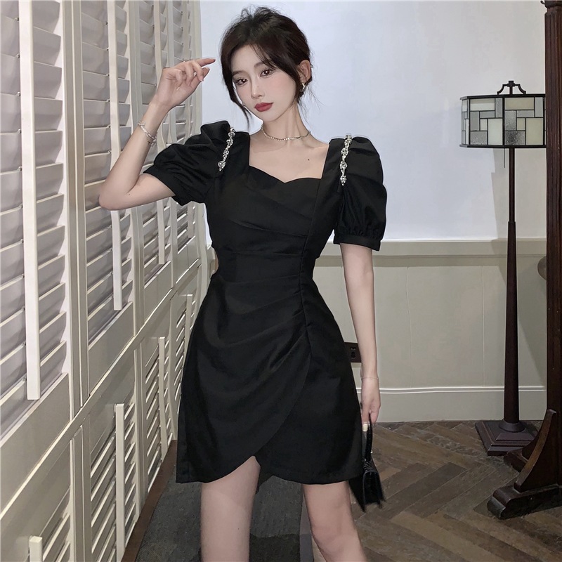 ワンピース ショート丈 半袖 パフスリーブ スクエアネック タイト Aライン ウエストマーク きれいめ シンプル カジュアル 大人 上品 おしゃれ かっこいい 大人女子 ガーリー クール セクシー