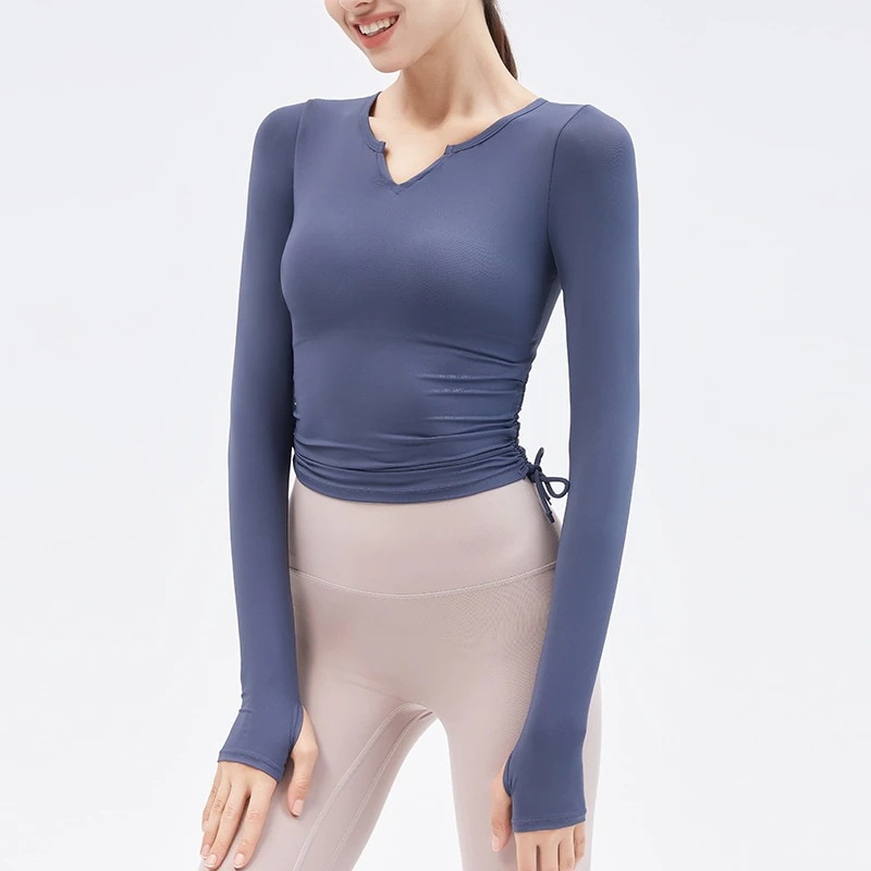 春 夏 ファッション レディースヨガウェア ヨガトップス 胸パッド付き長袖TシャツセクシーVネックストレッチプリーツ フィットネス ピラティス トレーナー レディース ヨガウェア フィットネスウェア