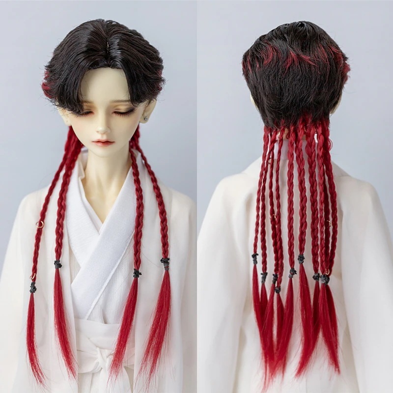 BJD 1/3 ドール用 ウィッグ アレンジ 編み ミルク糸 センターパート SDサイズ球体関節人形用 ブラック&レッド