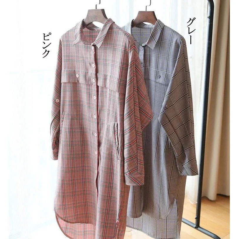 カジュアル 膝丈ワンピース チェック シャツ レディース ボタン止め ゆる シャツワンピース 前開き