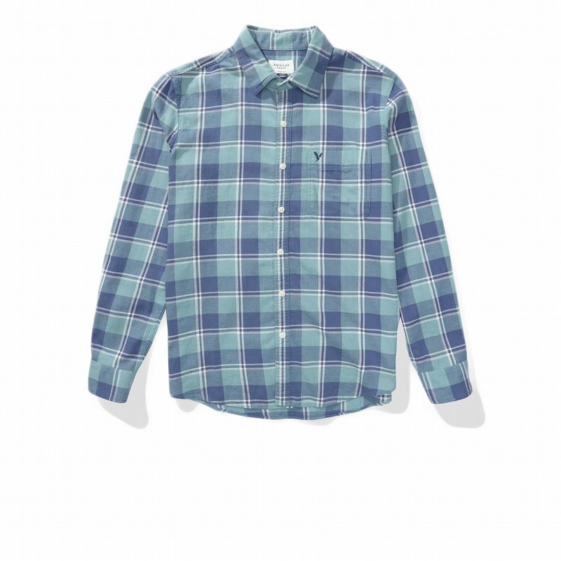 メンズ スリムフィット 長袖 プラッドボタンアップシャツ グリーン アルパイン