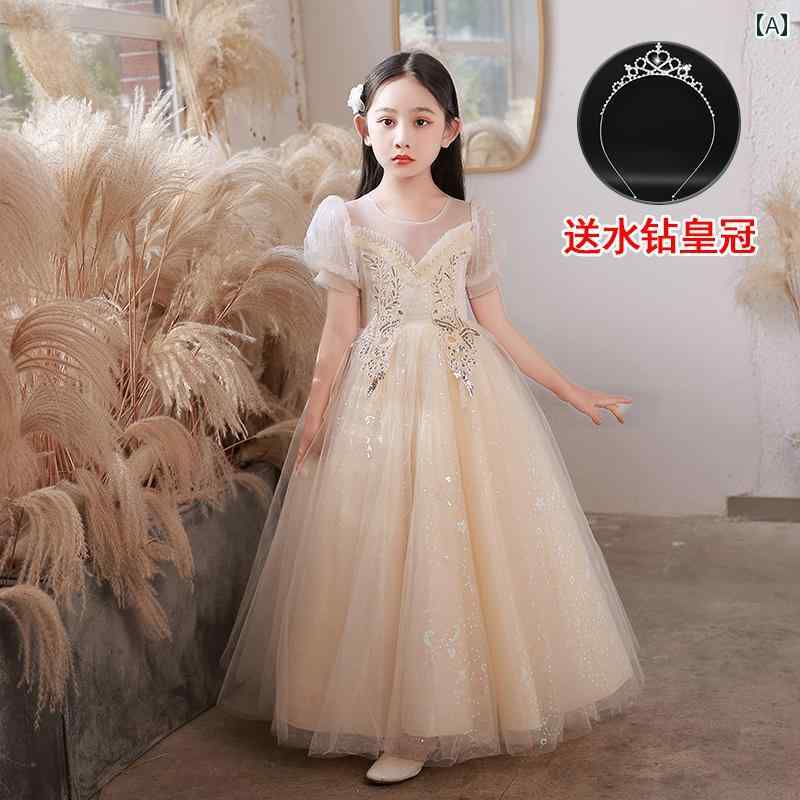 子供 キッズ ドレス 女の子 ガール ワンピース ロングドレス 発表会 ピアノ プリンセス 春夏 パフスリーブ 花 刺繍 主役 エレガント パフォーマンス ステージ 華やか パーティー チュール ふん