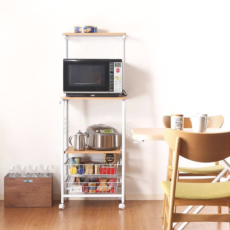 レンジワゴン おしゃれ レンジ台 キャスター付き 51.5×41×140.5cm ホワイト・ナチュラル
