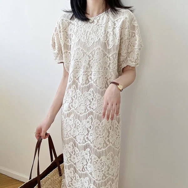 スカートロングスカートワンピース 夏 秋服 春 ゆったり サマー 半袖あり 透け感 透かし彫り ボリューム袖 きれいめ 花柄 ビーチ レディース 総レース ミモレ丈 リゾート 夏 ポワン袖 海 涼しい