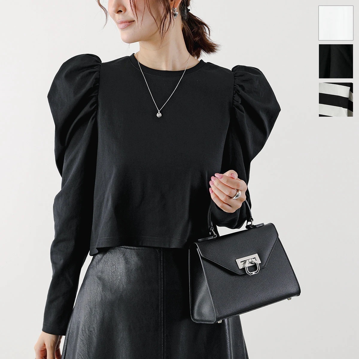 PICCIN PERLA ピッチン カットソー 907130 レディース ギャザー クルーネック コットンブレンド 長袖 クロップド丈 カラー3色