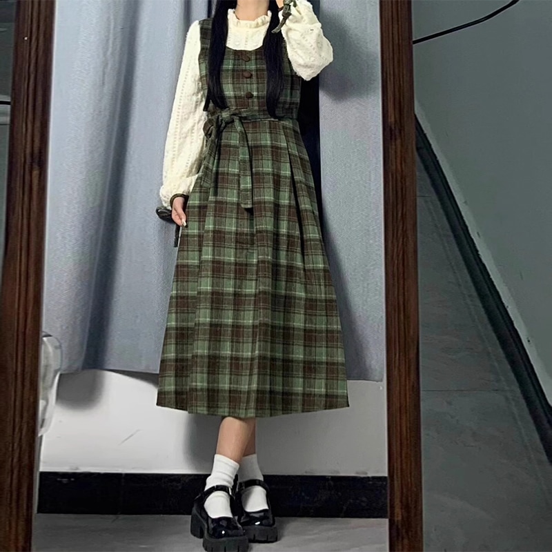 小柄な女性向けのフェイクツーピースストラップチェック柄ドレススーツロングスカートT91