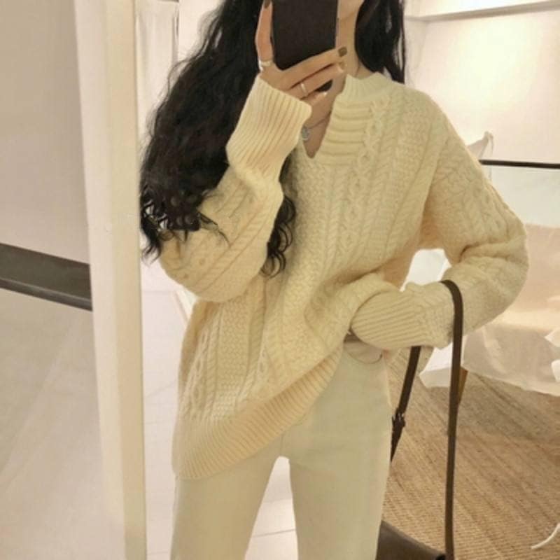 トップス ニットソー セーター プルオーバー 袖あり 長袖 萌袖 Vネック ワイド もこもこ モコモコ ふわふわ ケーブルニット 伸縮性 ニット 厚手 かわいい 大人可愛い きれいめ シンプル