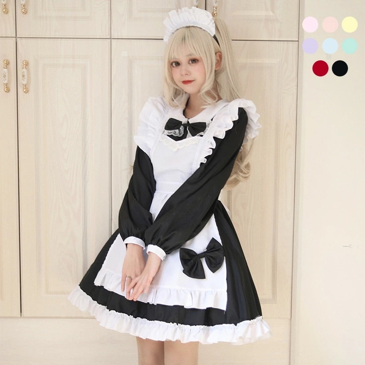 メイド レディース 正統派メイド 長袖 レース フリル ボウタイ ぽわん袖 メイド喫茶 メイドカフェ ワンピ コスプレ ワンピース メイド服 レース ミニ丈 学園祭 文化祭 イベント コスプレ コスチ