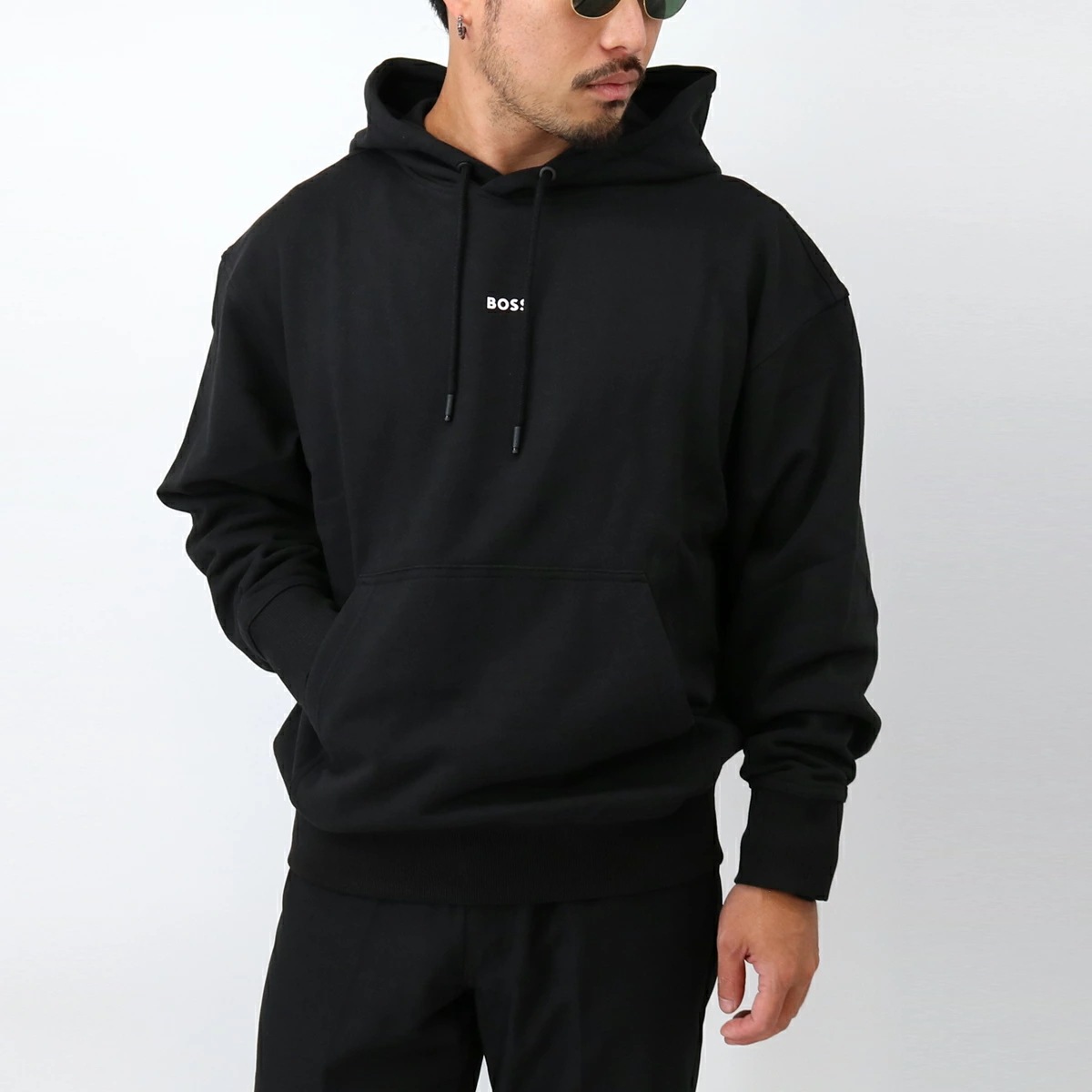 50514530 001/BLACK メンズ コットンテリー フーディー コントラストロゴ パーカー 長袖 スウェット プルオーバー