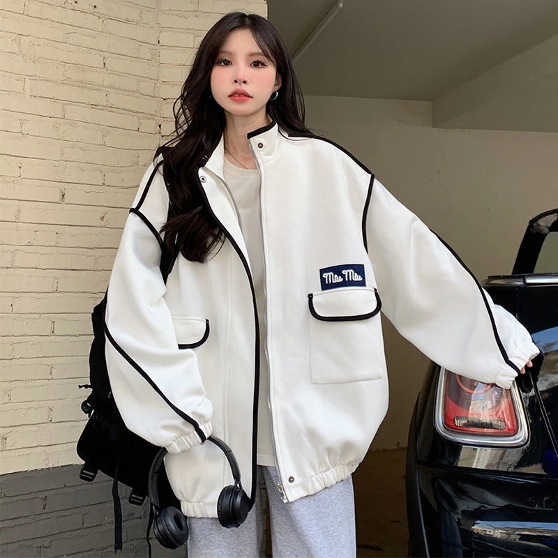 冬アウター ins 春秋服 高級感 デザイン 立ち襟 スウェット ゆったり 怠惰風 ベースボールジャージ カジュアル 質感 ジャンバー ジャケット トップス ムートンファッション 母の日